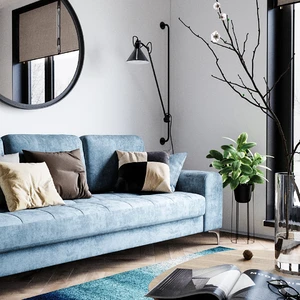 Интерьер гостиной в светлых тонах с синим диваном Vittorio: фото 1