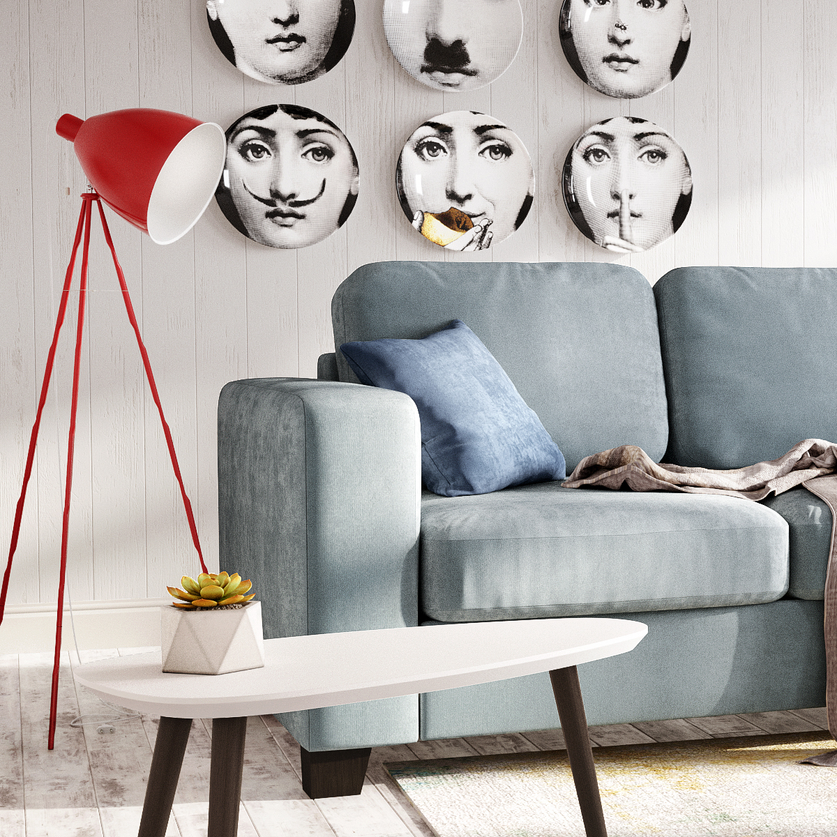 Интерьер гостиной с серо-голубым диваном Morti: фото