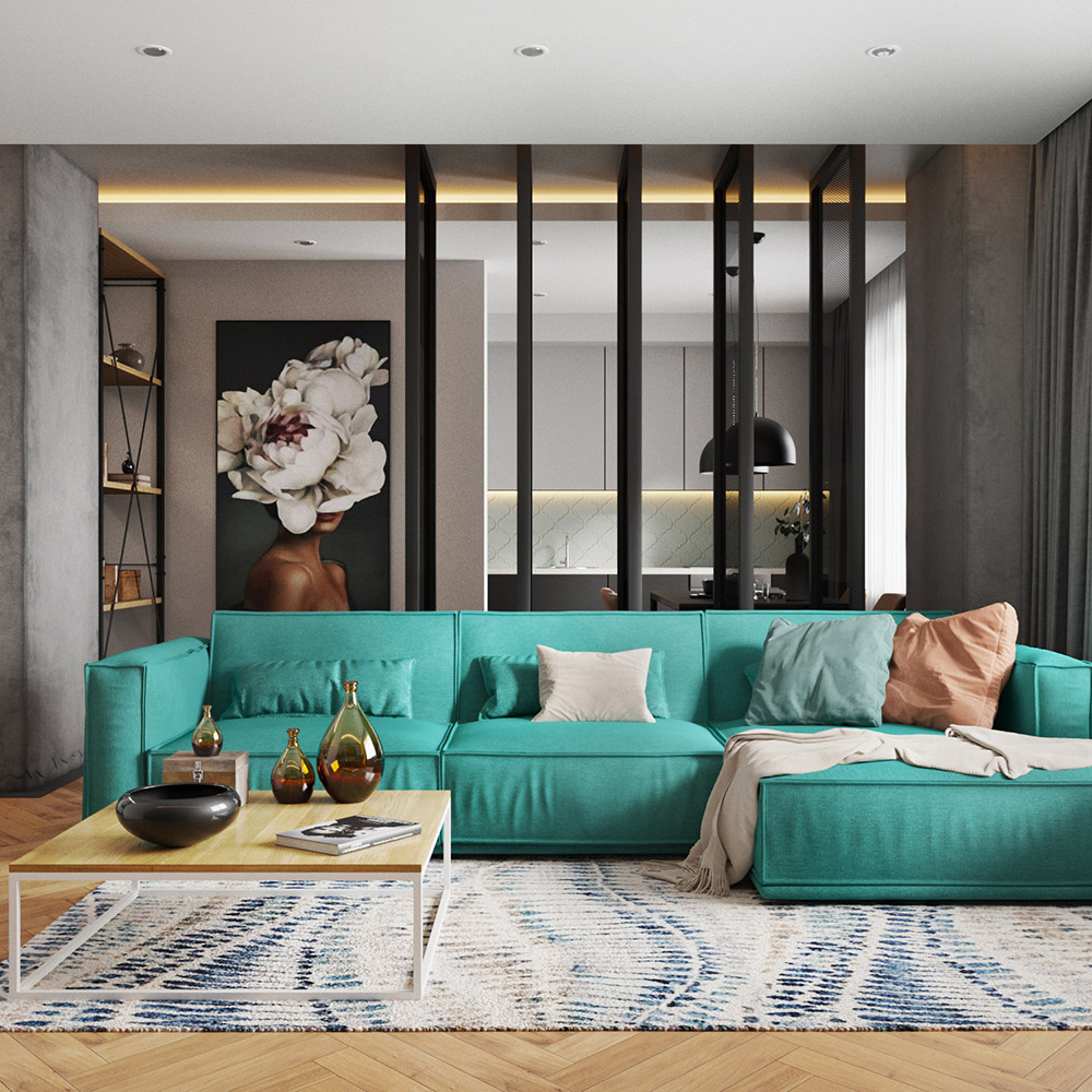 Интерьер студии с голубым угловым диваном Vento: фото