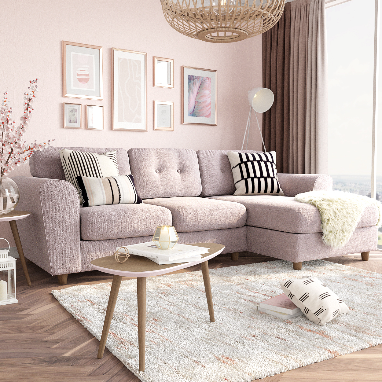 Интерьер гостиной комнаты с розовым угловым диваном Arden: фото