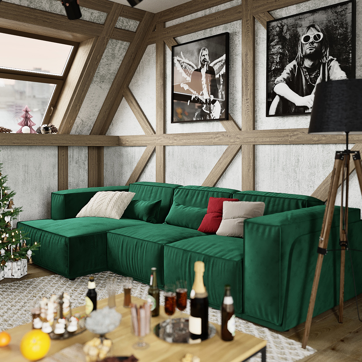 Интерьер нейтральной гостиной с зеленым диваном Vento: фото