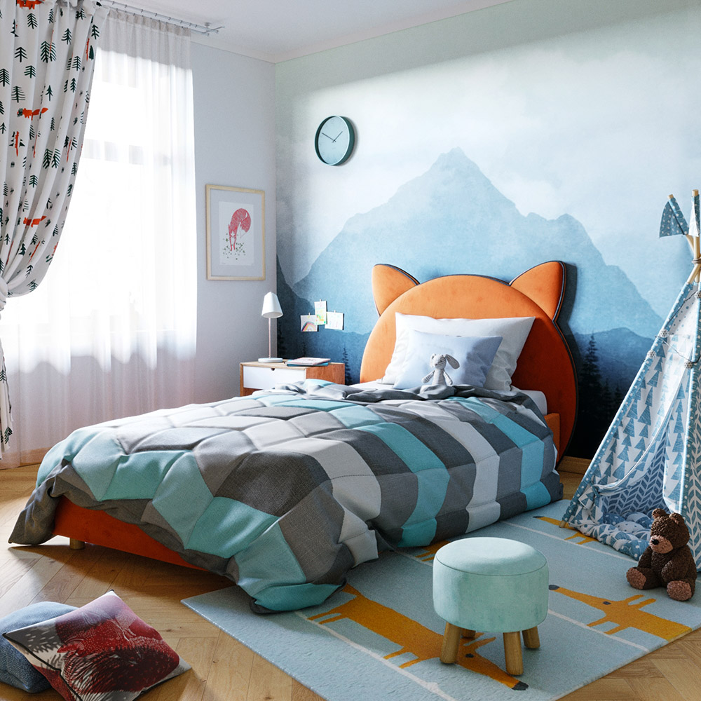 Яркий интерьер детской комнаты с оранжевой кроватью Kitty: фото