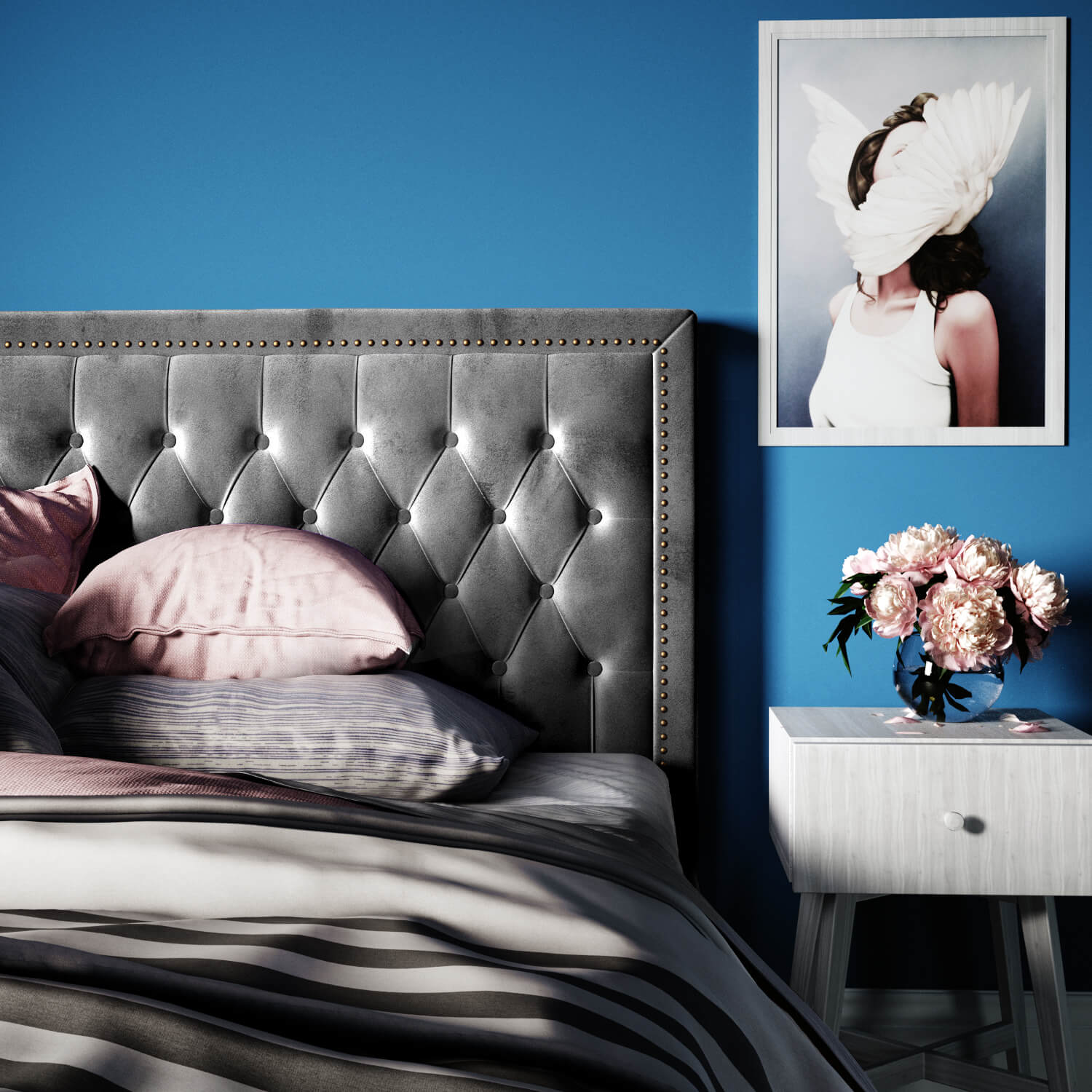 Интерьер спальни в серо-синем цвете с кроватью Celine: фото