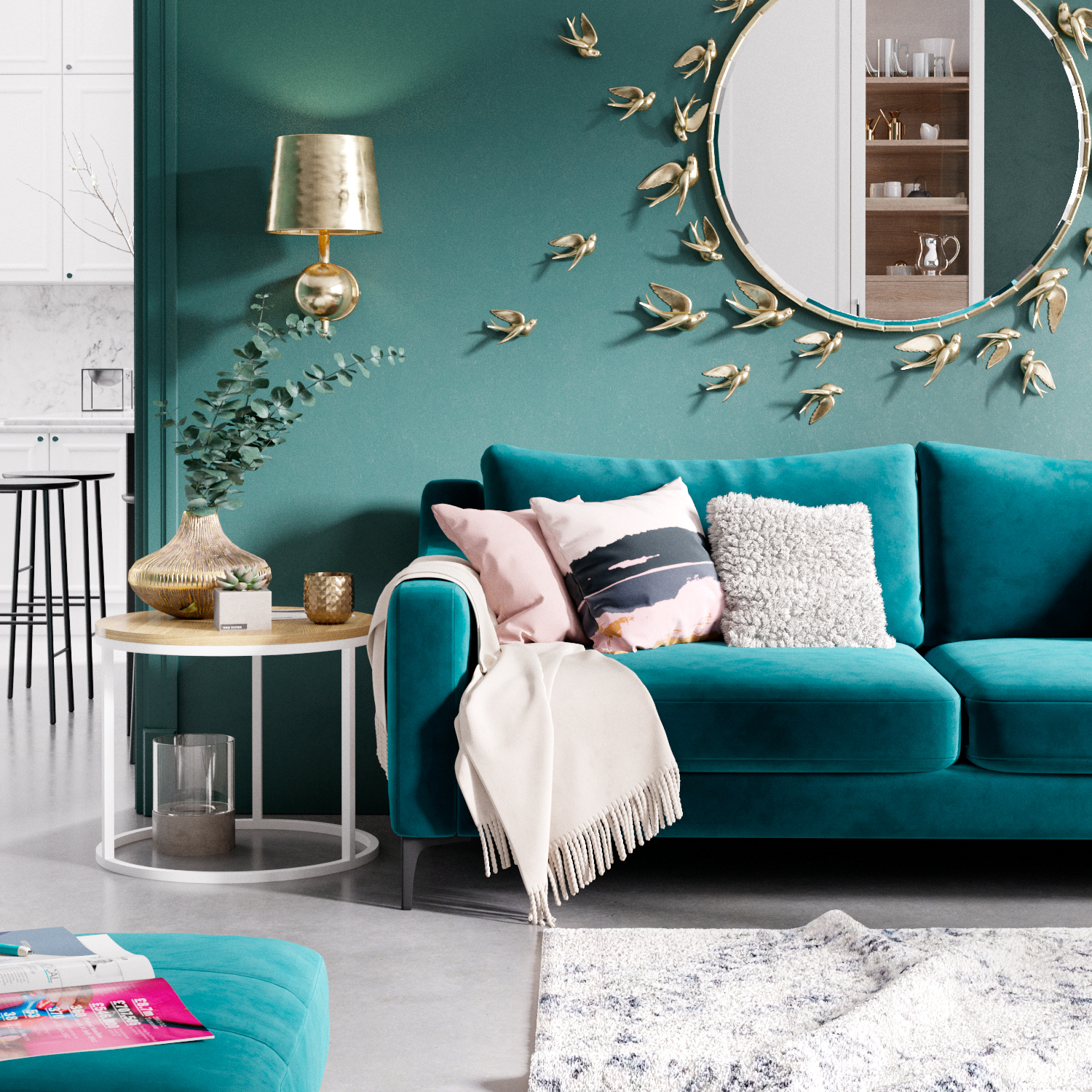 Интерьер темной гостиной с диваном Mendini сине-зеленого цвета: фото