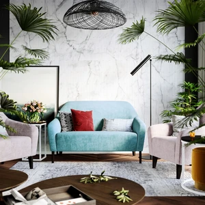 Интерьер светлой гостиной с голубым диваном Miami Lux: фото 