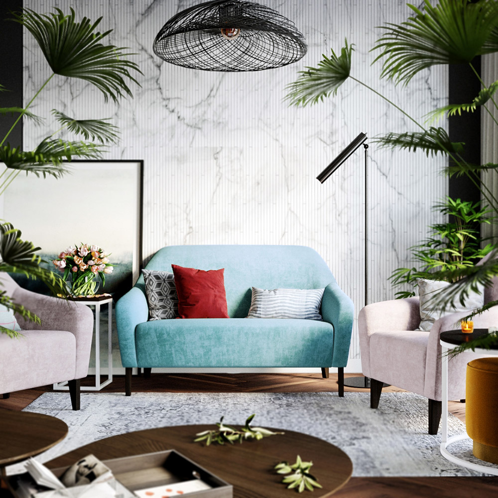 Интерьер светлой гостиной с голубым диваном Miami Lux: фото