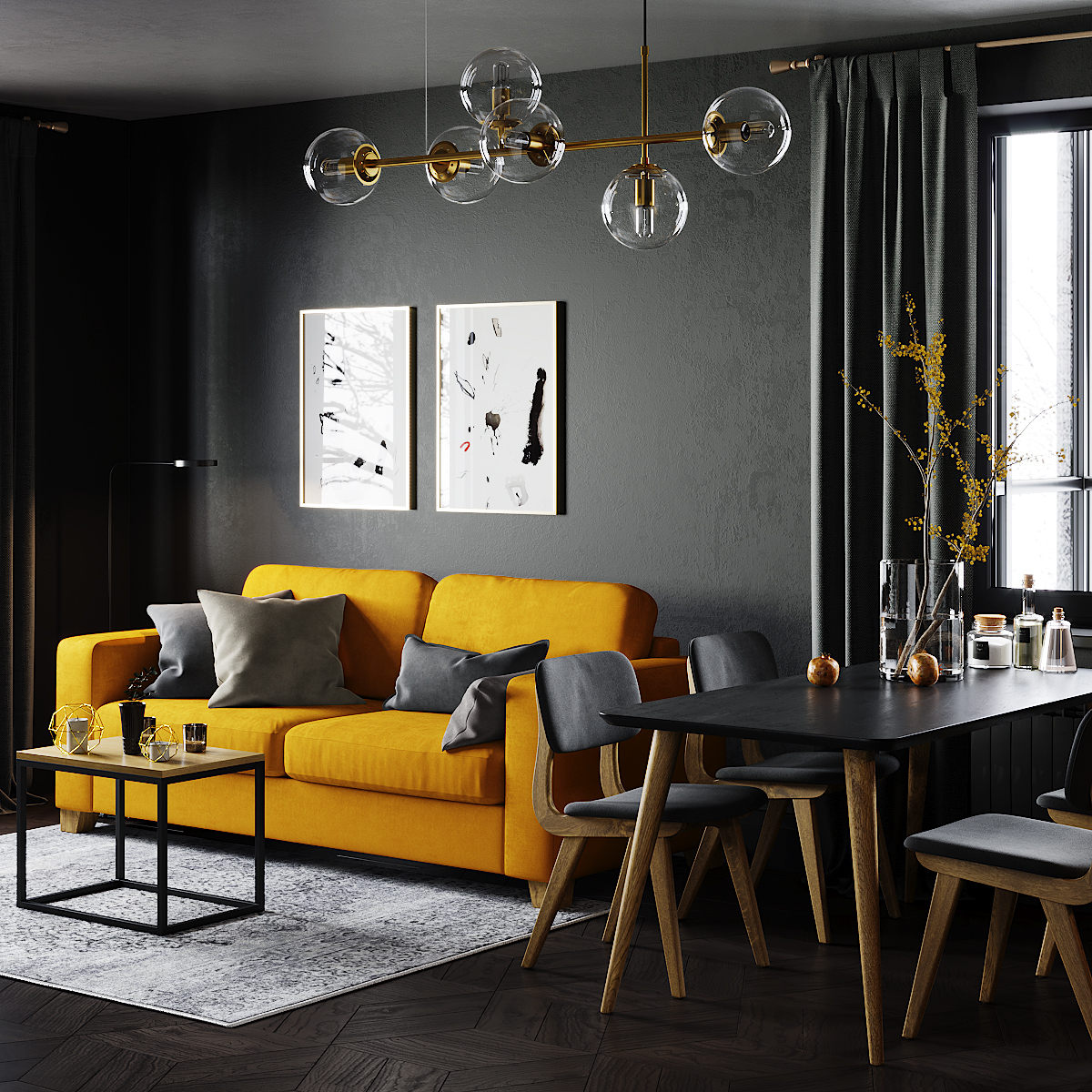 Интерьер темной студии с желтым диваном Morti: фото