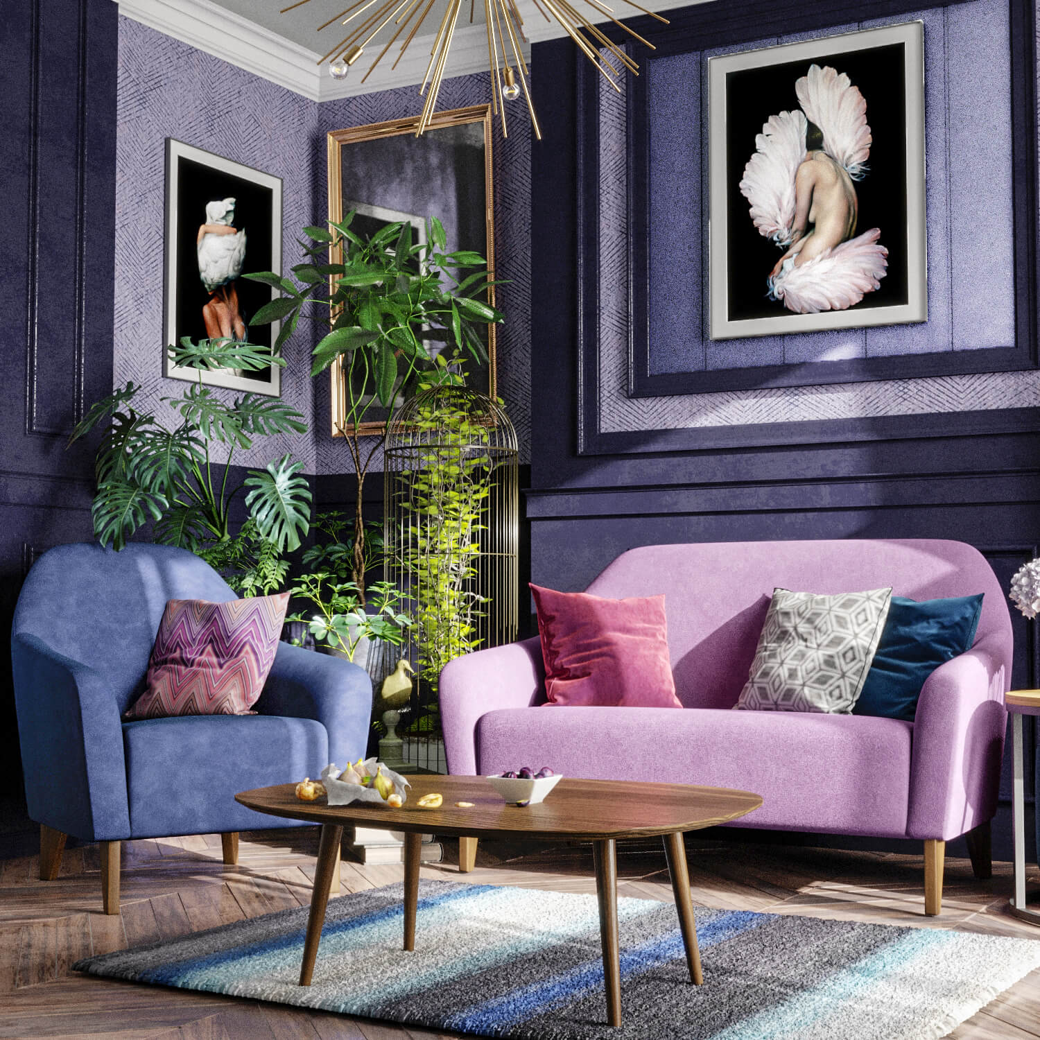 Интерьер темной гостиной с фиолетовым диваном и креслом Miami Lux: фото