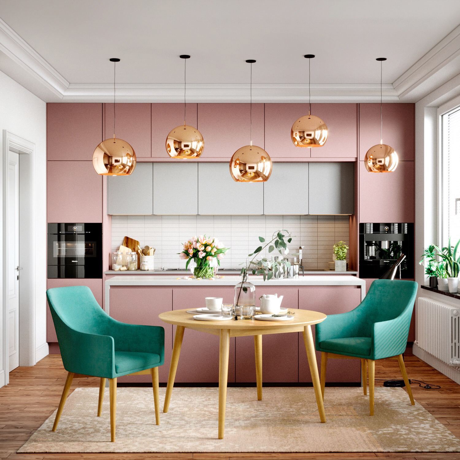 Светло-розовая кухня с полукреслами Miami и столом Fjord: фото