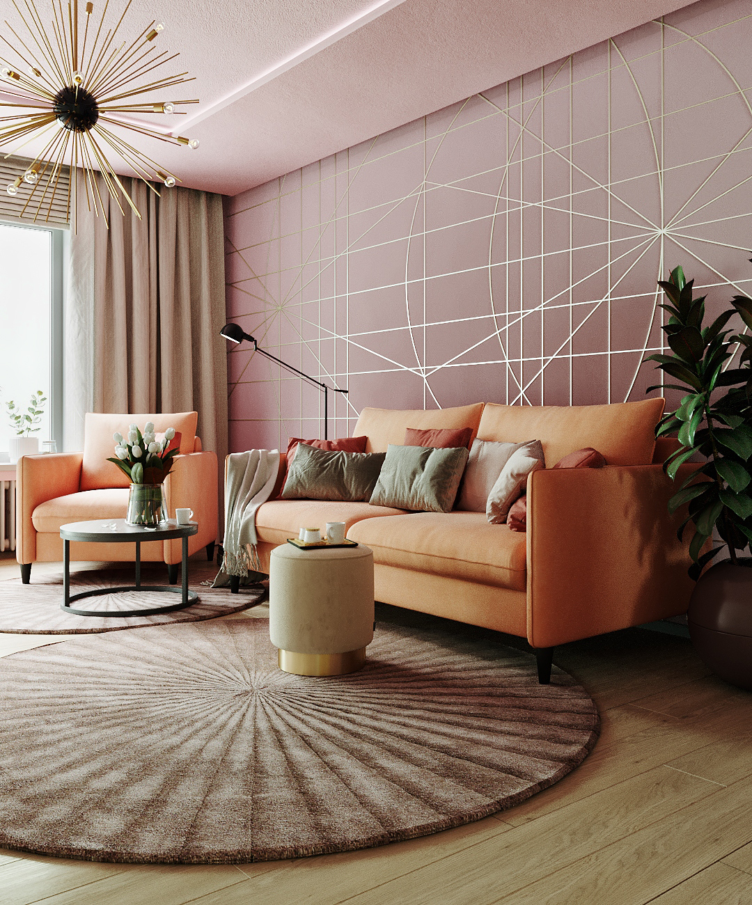 Гостиная в нейтральных тонах с оранжевым диваном Mons: фото