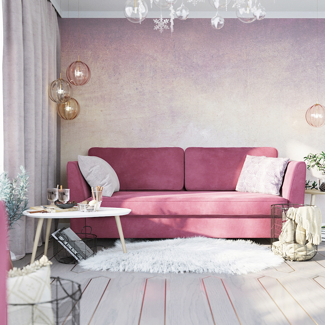 Светлая гостиная с розовым диваном Wolsly: фото