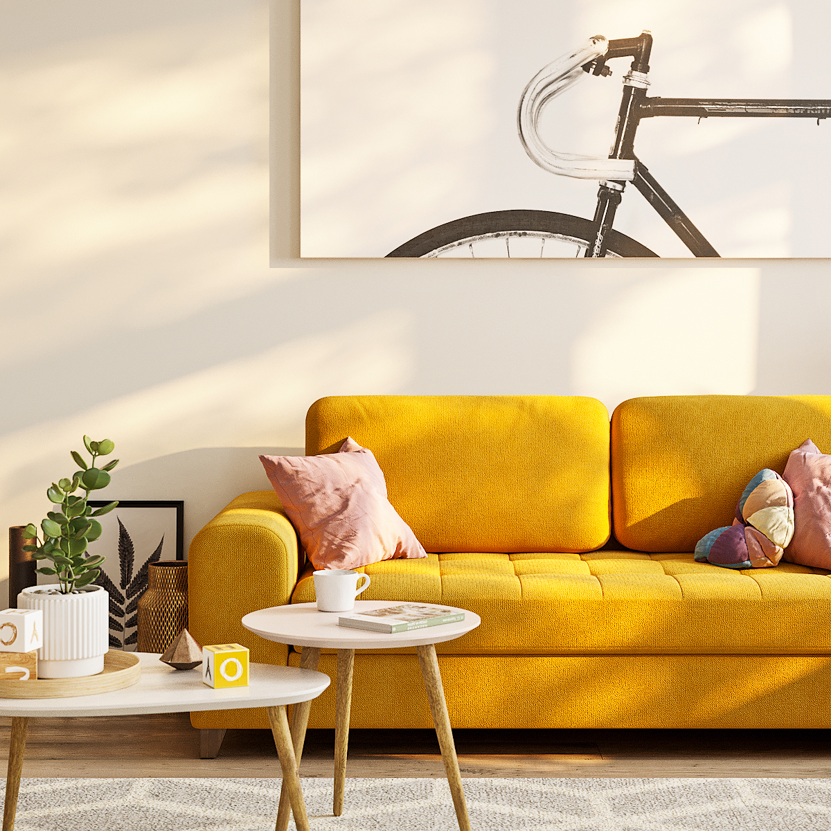 Светлая гостиная с желтым диваном Vittorio: фото