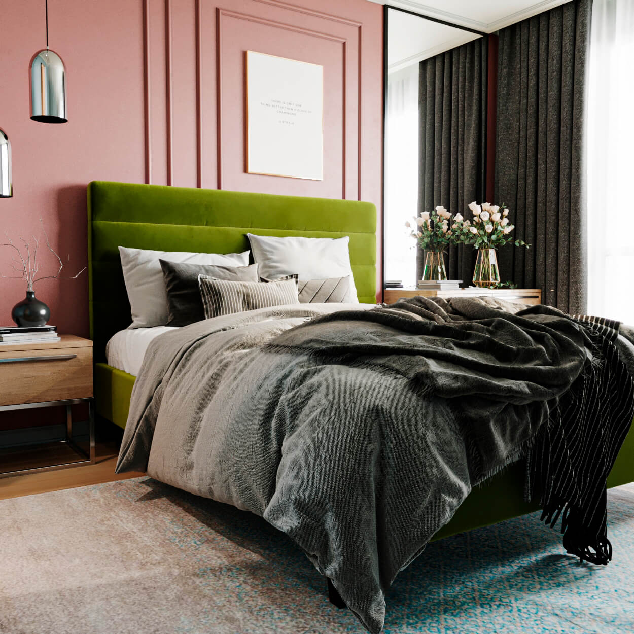Светлая спальня с зеленой кроватью Tara и розовыми стенами: фото