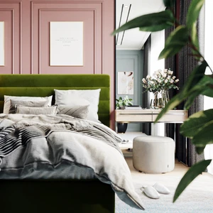 Светлая спальня с зеленой кроватью Tara и розовыми стенами: фото 1