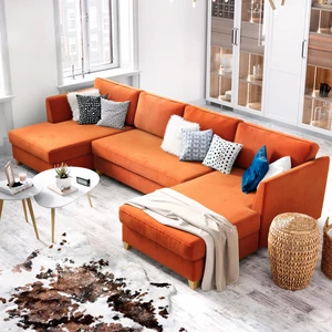 Светлый интерьер с оранжевым угловым диваном Wolsly: фото 1