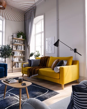 Интерьер гостиной с желтым диваном и комплектом кресел: фото 