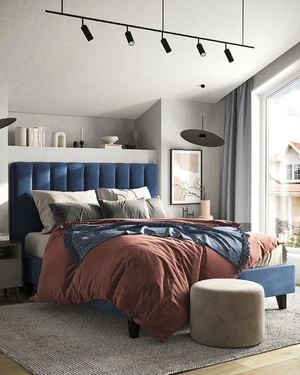 Интерьер современной спальни с синей кроватью Elle: фото 