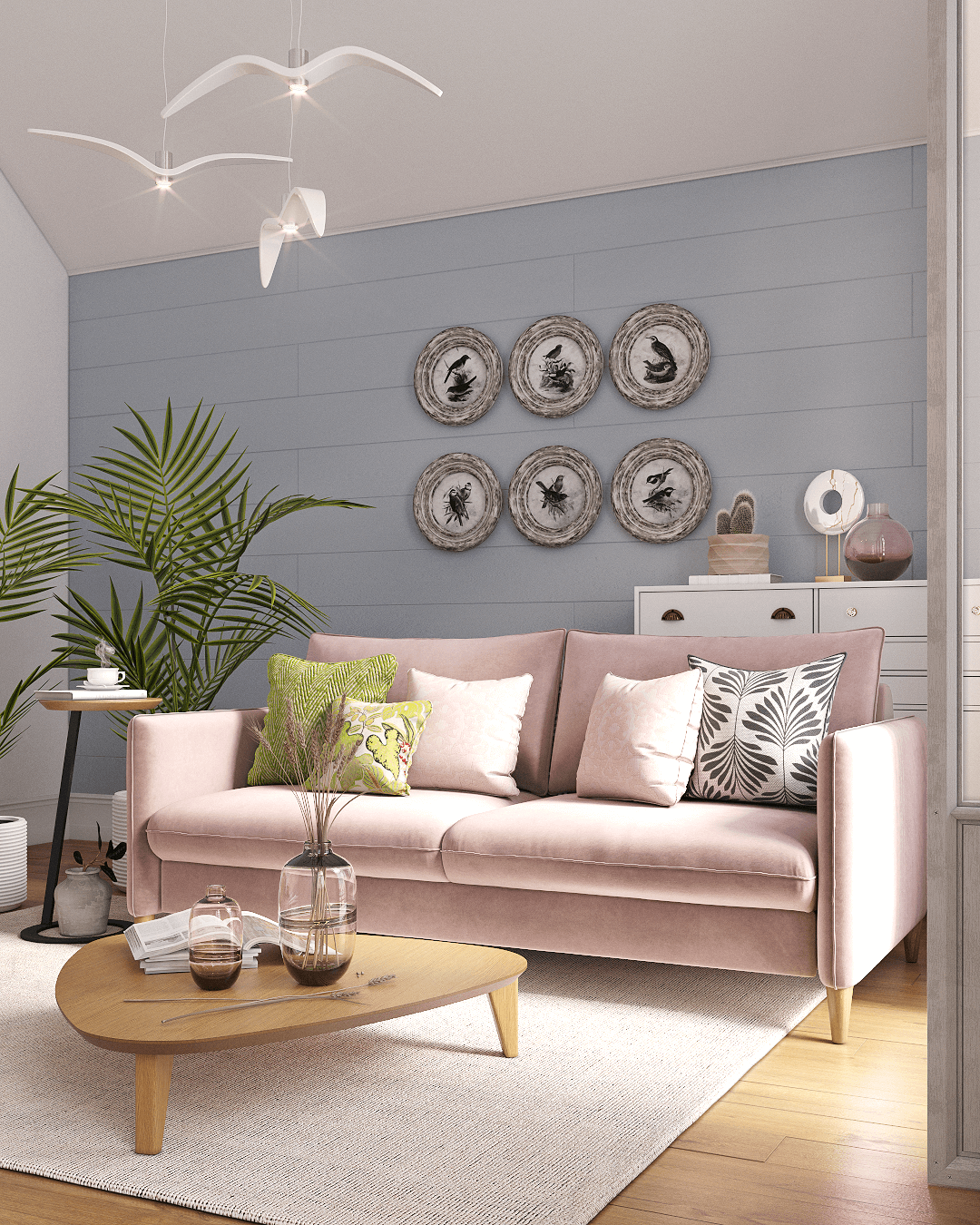 Гостиная в пастельных тонах со светло-розовым диваном Mons и голубой стеной  | SKDESIGN