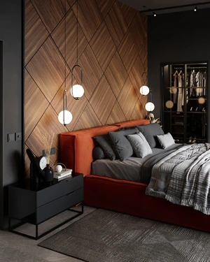 Интерьер спальни в темных оттенках с оранжевой кроватью Vento Wide: фото 