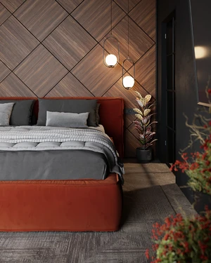 Интерьер спальни в темных оттенках с оранжевой кроватью Vento Wide: фото 4