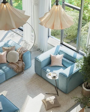 Летний интерьер кухни-гостиной в загородном доме с голубым диваном Vento: фото 4