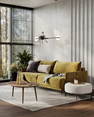 Светлая гостиная с желтым диваном Archi