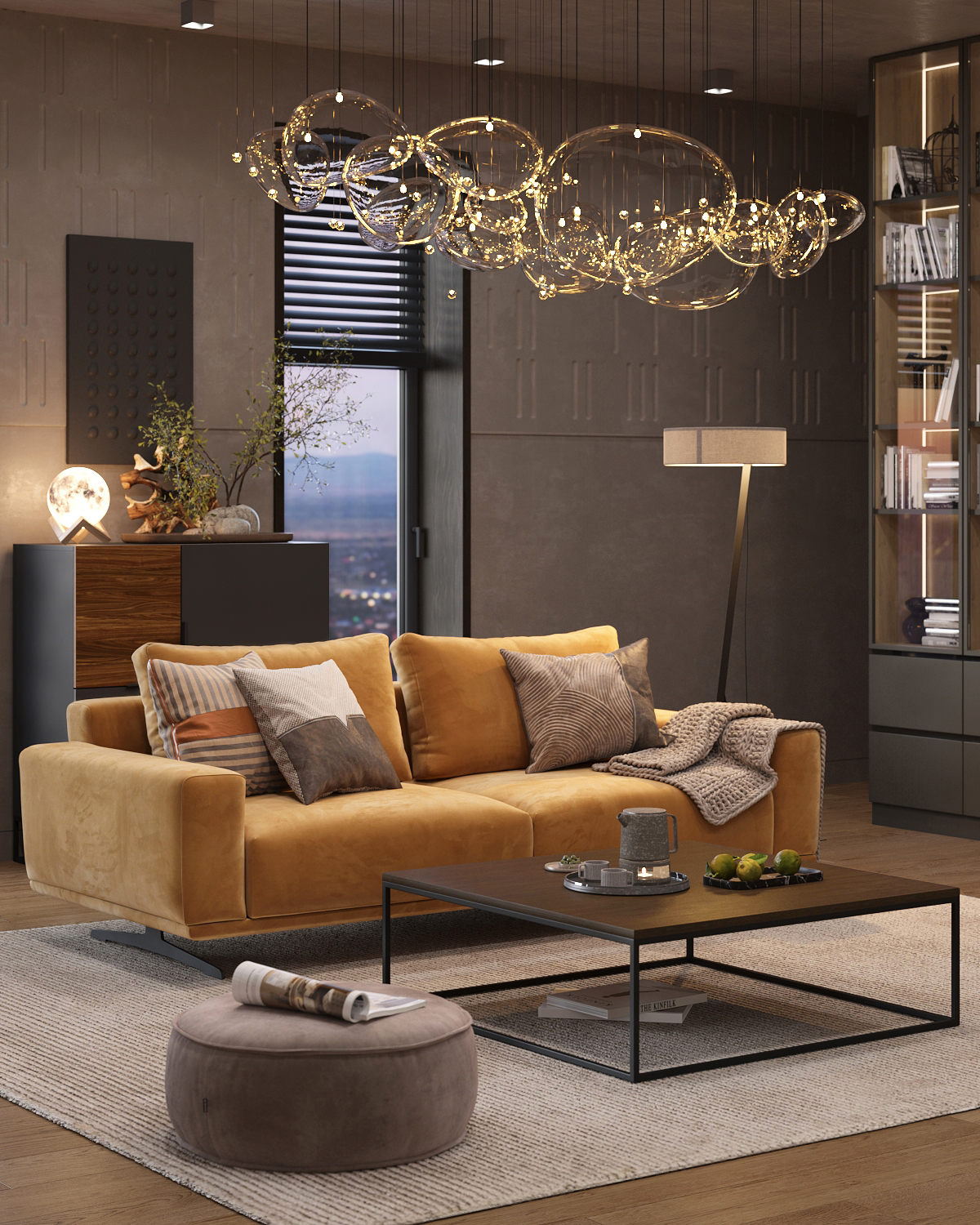 Гостиная в современном стиле с ярко-желтым диваном Zillis: фото