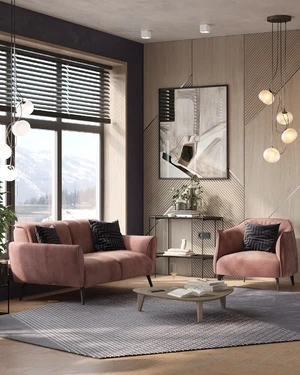 Кухня-гостиная с розовым диваном Oscar и креслом Vivo