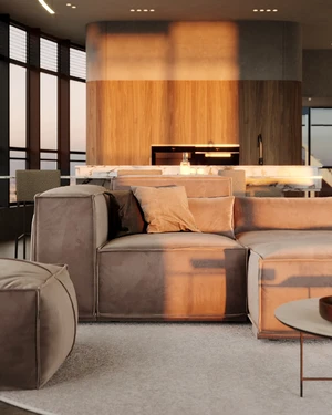 Гостиная с панорамным видом и серым диваном Vento: фото 3