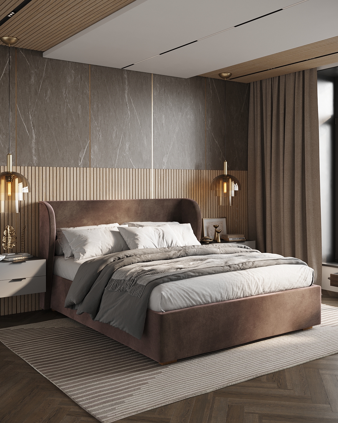 Спальня в природных тонах с коричневой кроватью Lulu: фото