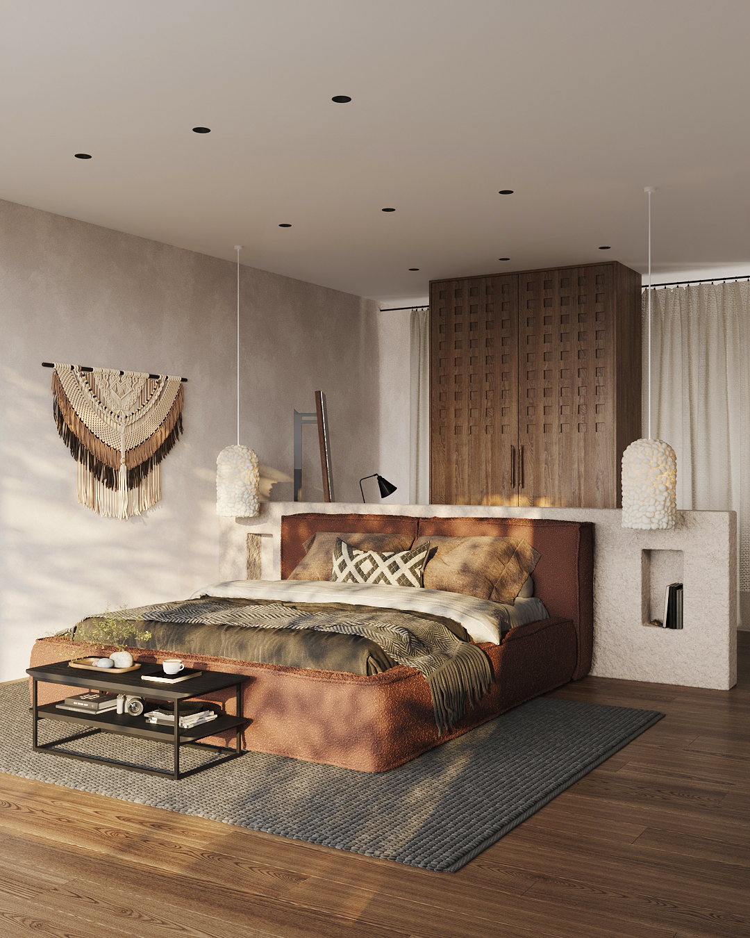 Спальня в стиле джапанди с кроватью VENTO в букле: фото