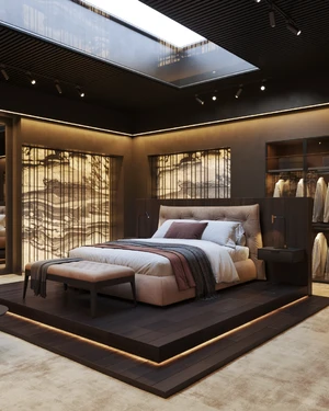 Дизайн спальни с кроватью Jess Art на подиуме и лаундж-зоной