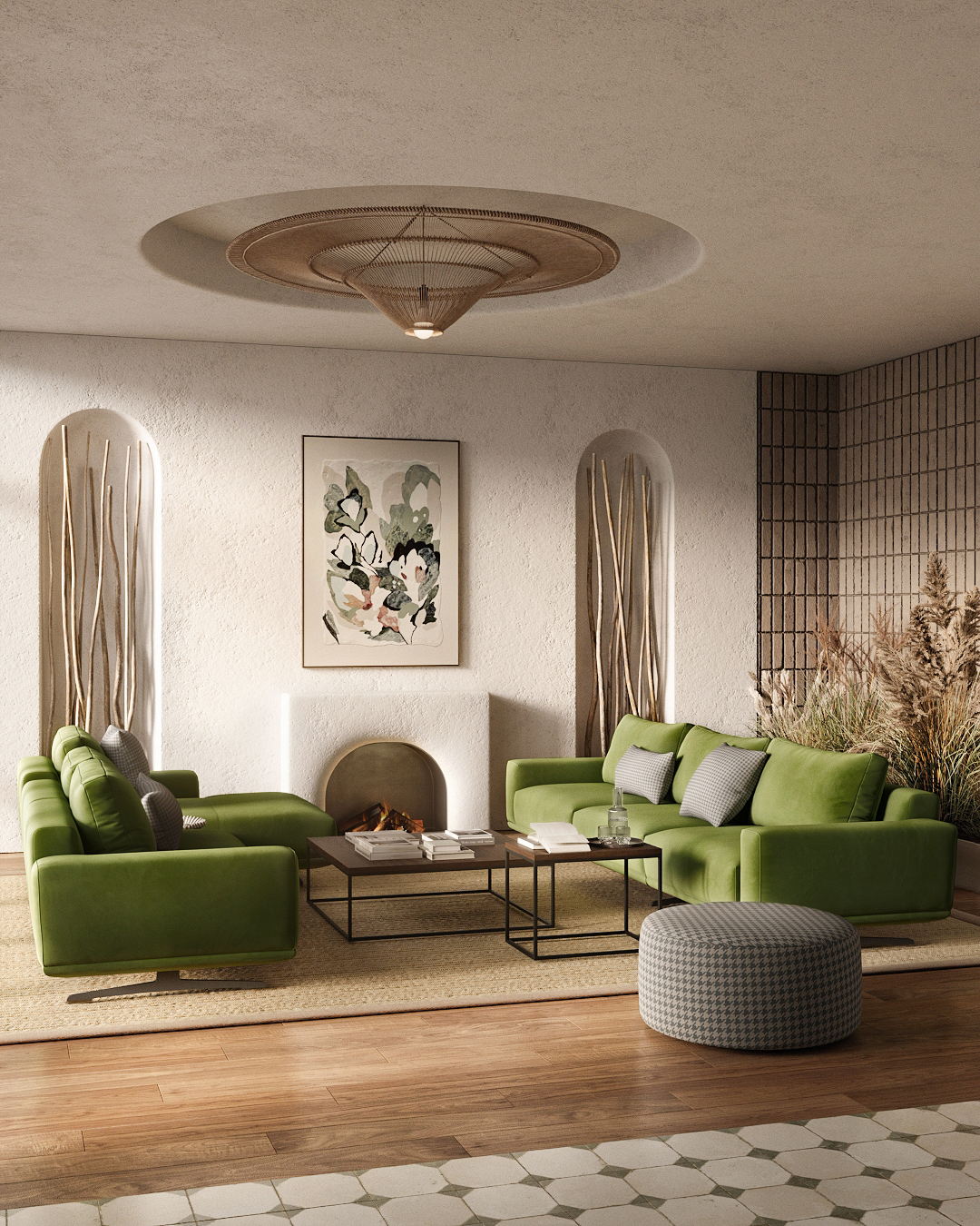 Интерьер гостиной с двумя зелёными диванами Zillis: фото