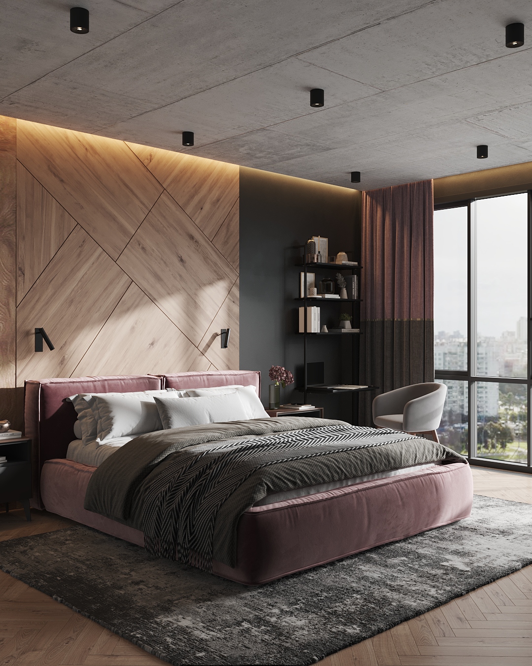 Спальня с кроватью Vento с обивкой из розовой замши: фото